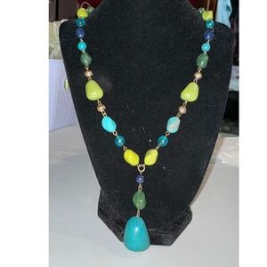 Statement Beaded Necklace Turquoise Green Gold Tone‎ Drop Pendant 20"